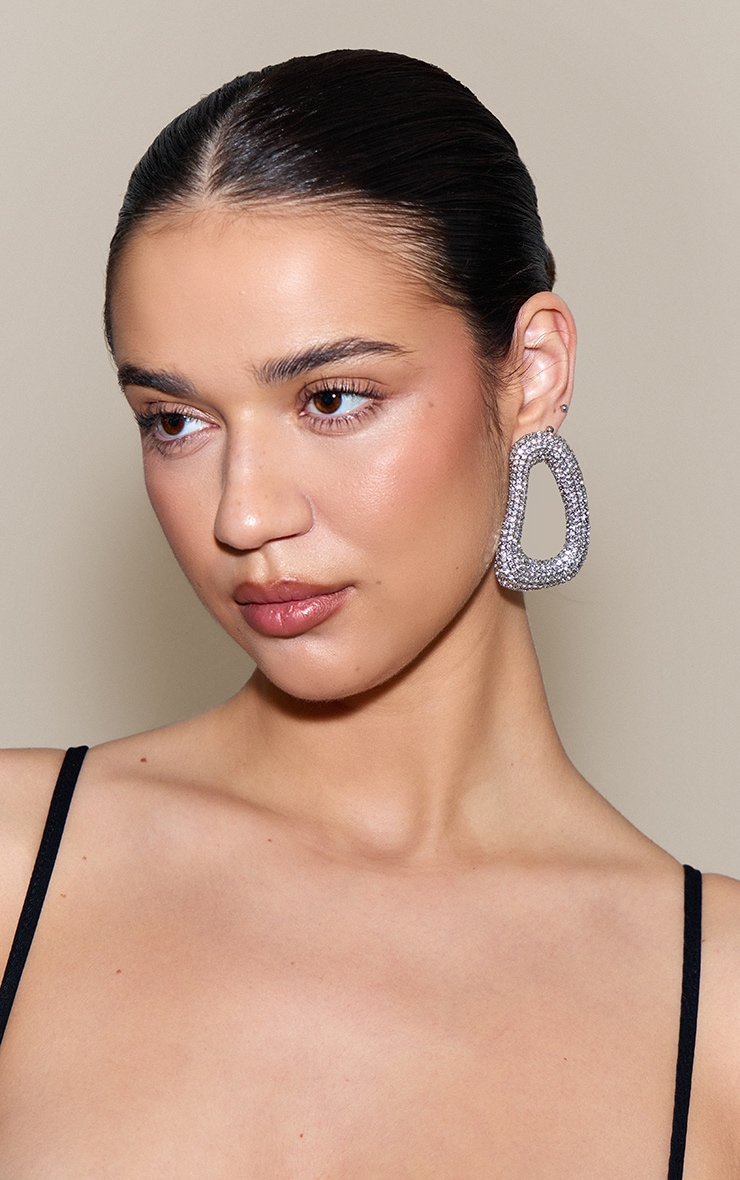 Silver Diamante Curved Cut Out Statement Earrings