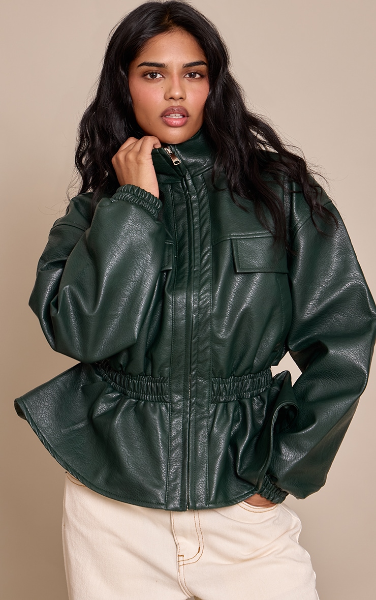 Petite Olive High Neck Cinched Waist Faux Leather Jacket image 1