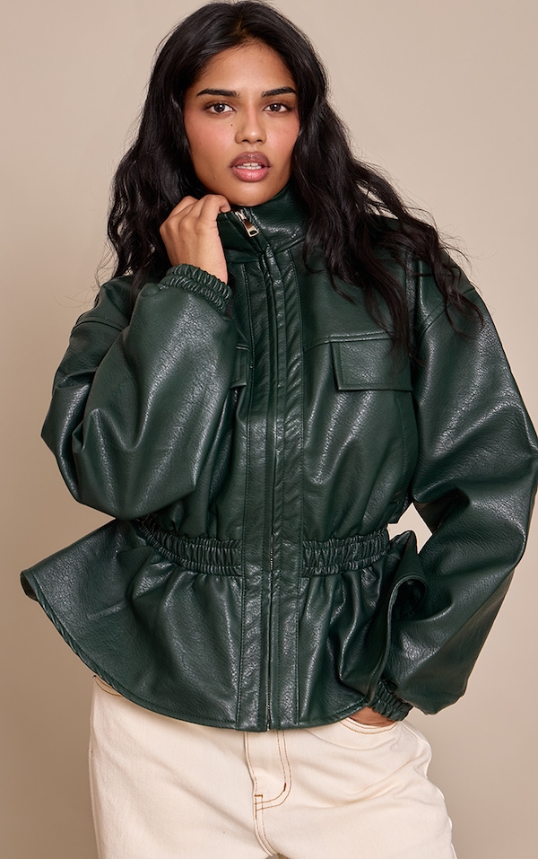 Petite Olive High Neck Cinched Waist Faux Leather Jacket