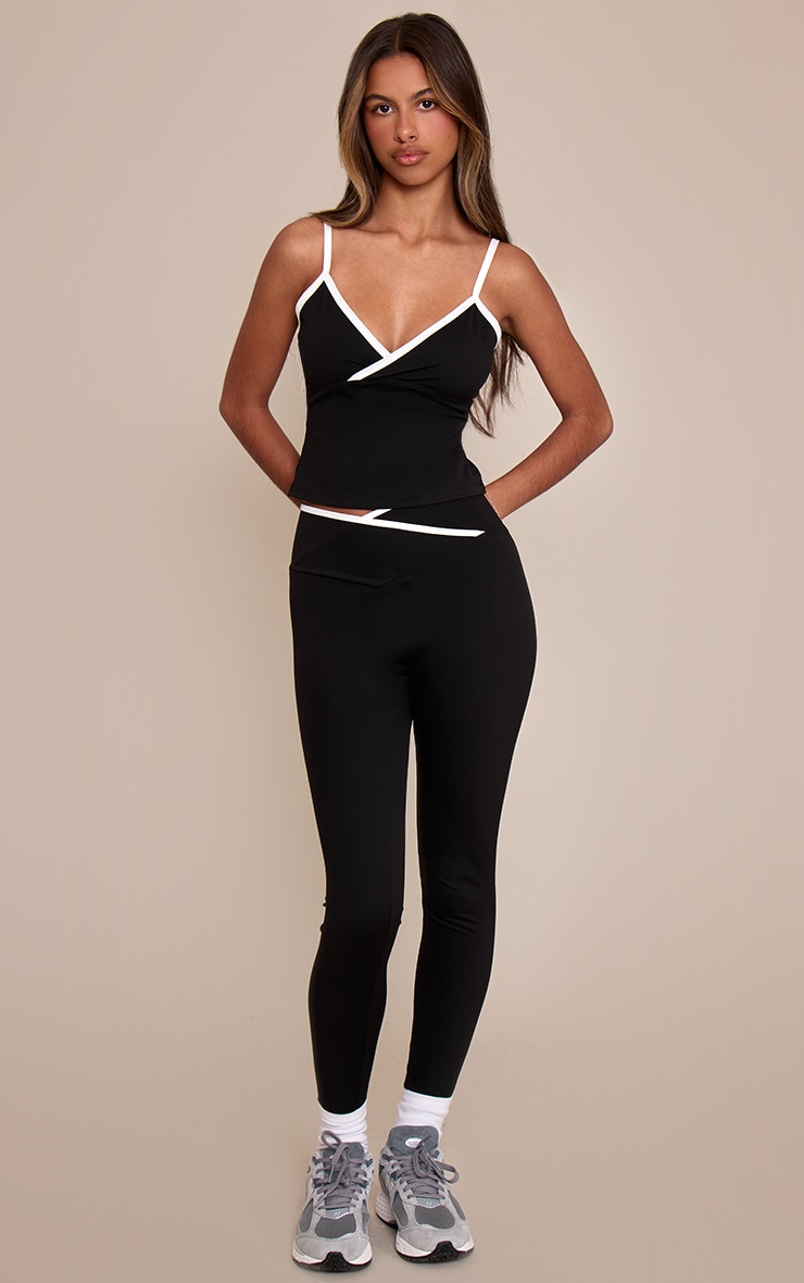 Petite Black Sculpt Contrast Piping Wrap Waist Gym Leggings