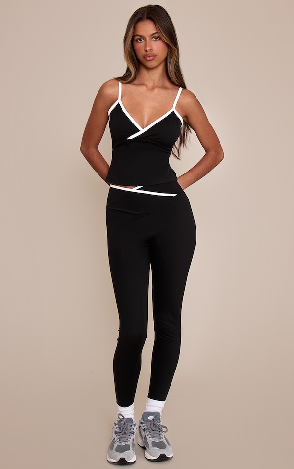 Petite Black Sculpt Contrast Piping Wrap Waist Gym Leggings