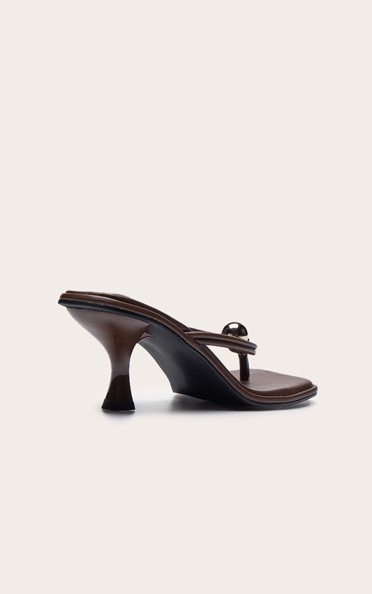 Chocolate Pu Square Toe Thong Gold Trim Mid Heeled Mules image 4
