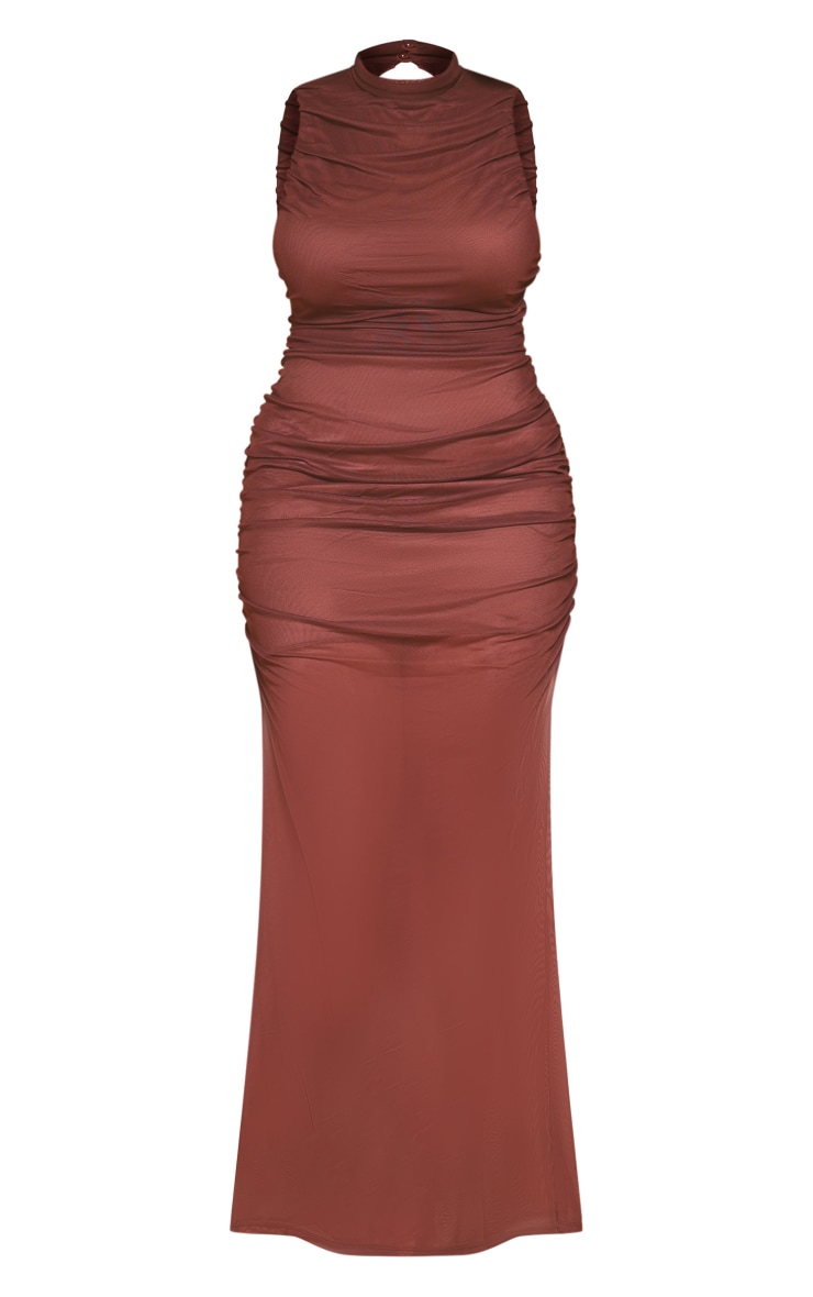 Plus Chocolate Brown High Neck Extreme Ruched Mesh Maxi Dress image 1