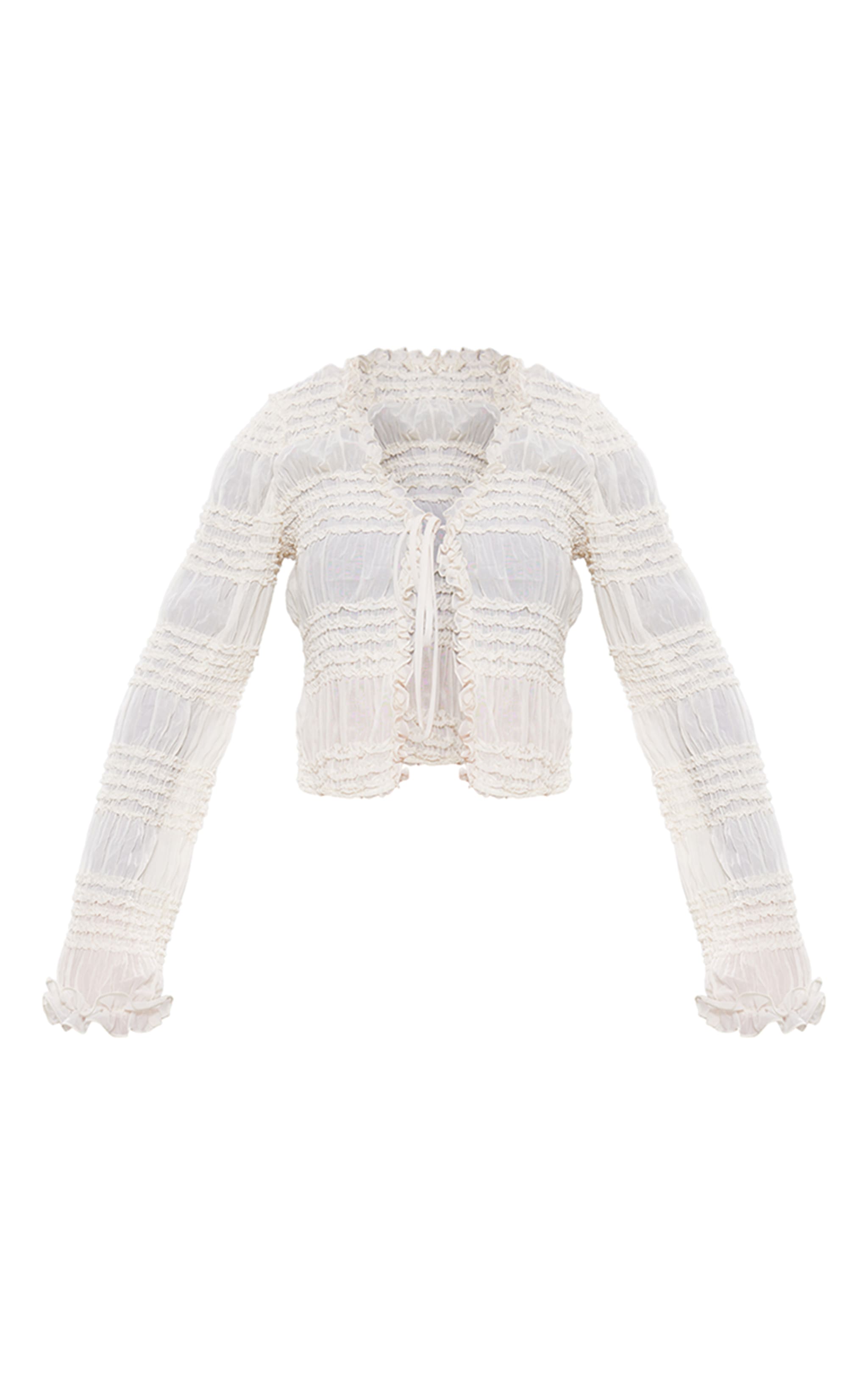 Cream Textured Woven Frill Detail Tie Crop Top image 4