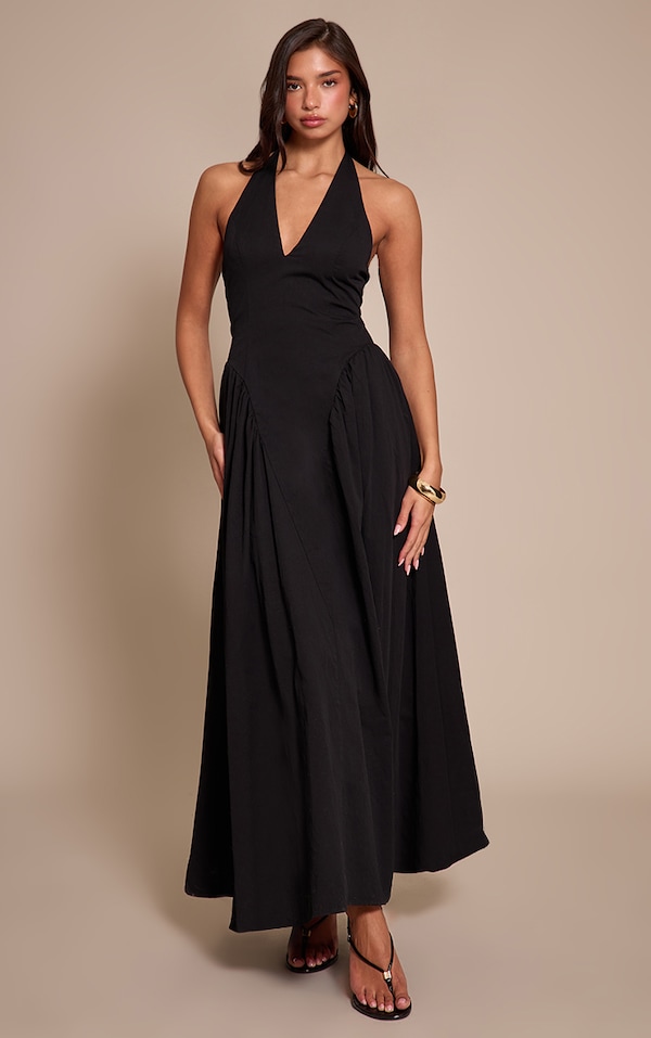 Black Woven Halterneck Plunge Midaxi Dress