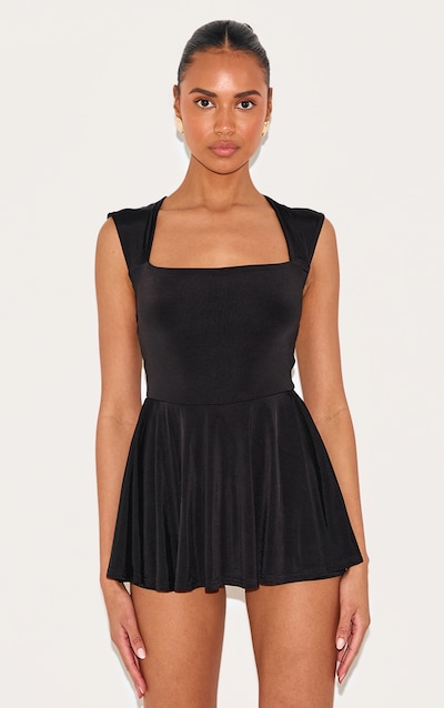 Black Double Layer Slinky Square Cap Sleeve Skort Playsuit