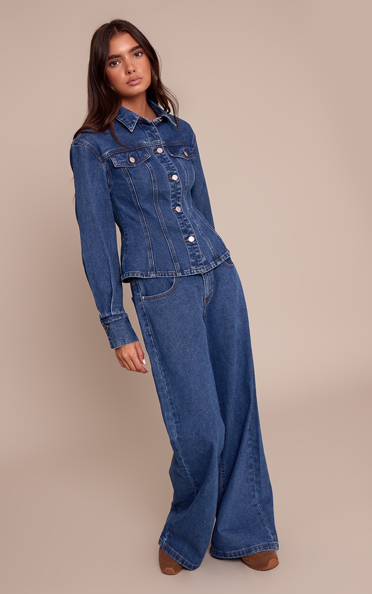 Dark Blue Long Sleeve Cinched Waist Denim Jacket image 3