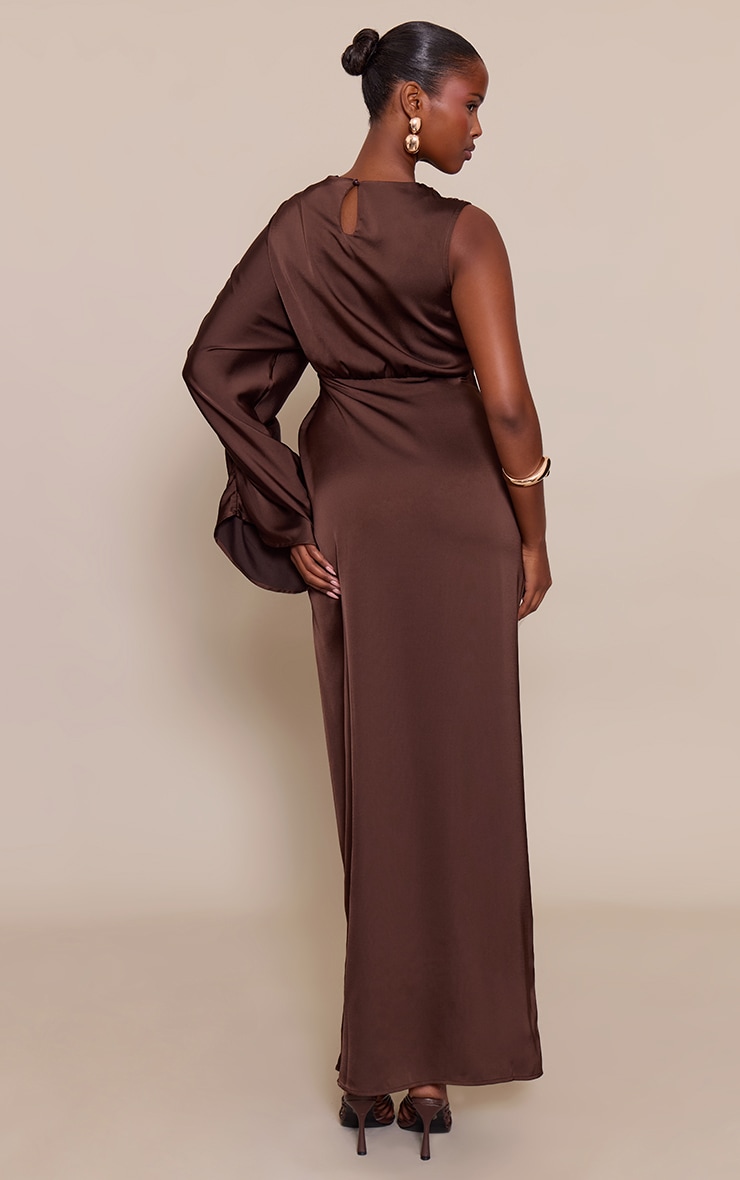 Chocolate Satin Asymmetric Cape Detail Maxi Dress image 2