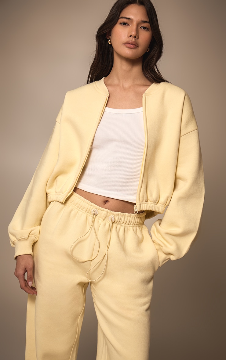 Butter Cream Drawcord Waist Cropped Zip Up Sweatshirt image 1
