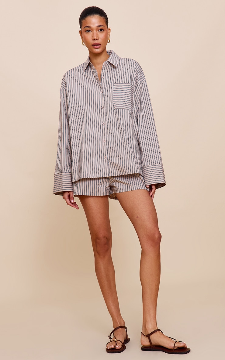 Stone Woven Pinstripe Balloon Sleeve Oversized Shirt image 3