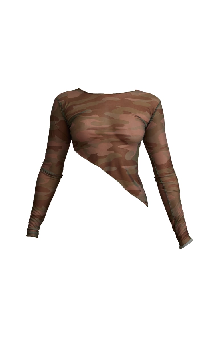 Dark Green Long Sleeve Asymmetric Hem Mesh Printed Top image 5