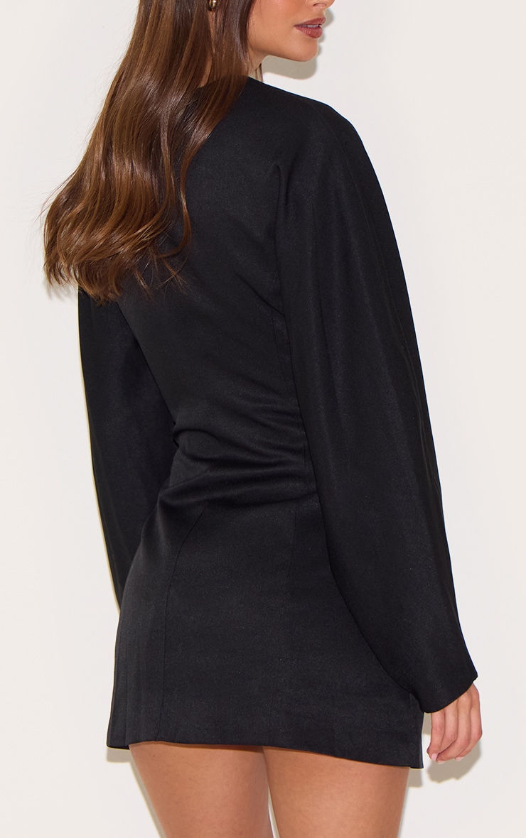 Black Woven Balloon Sleeve Collarless Blazer Dress image 4