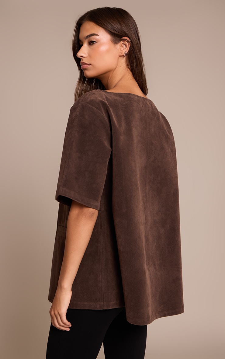 Dark Chocolate Faux Suede Oversized Boxy Detail Structured Top  image 2