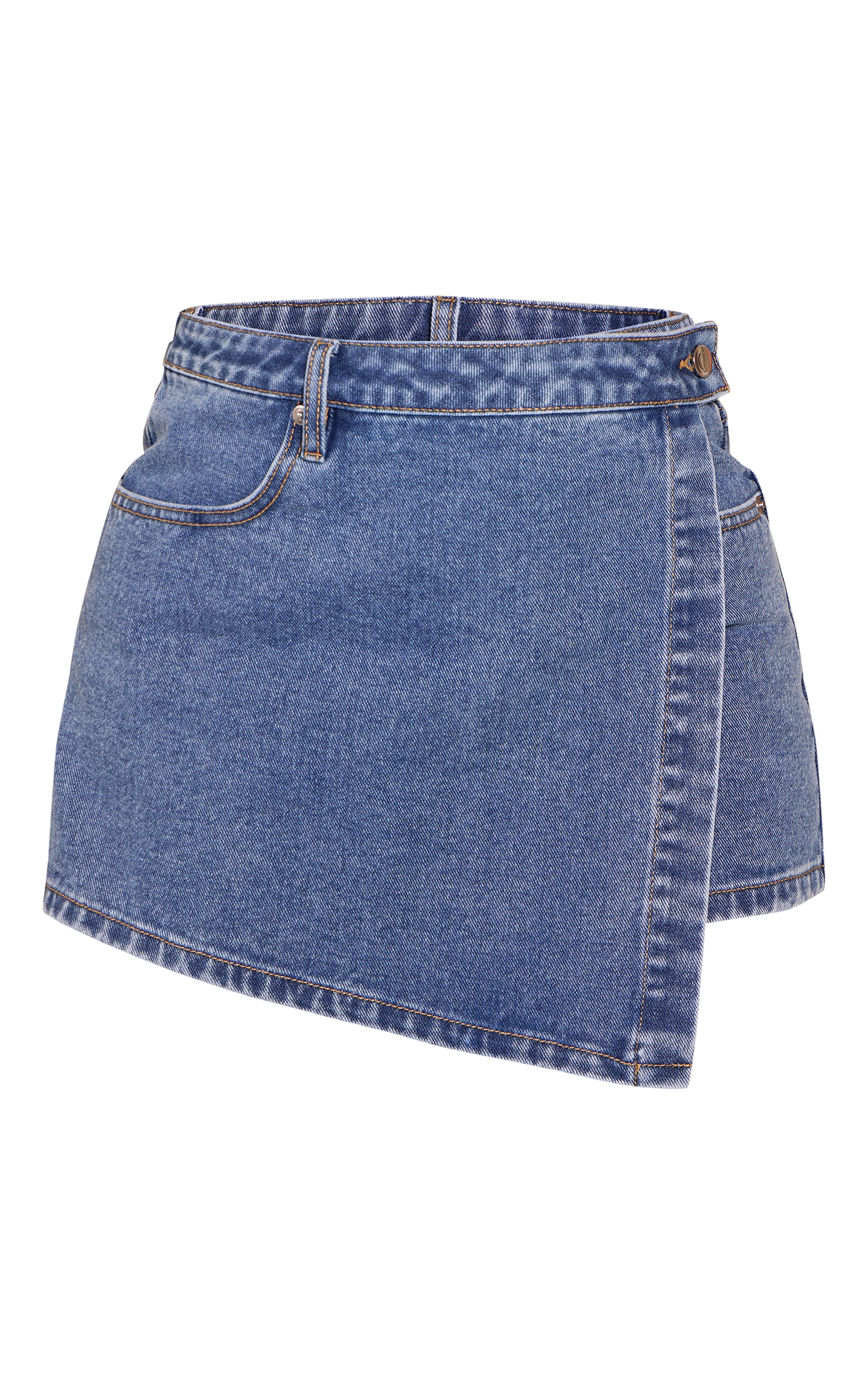 Petite Mid Blue Wrap Front Denim Mini Skort image 6