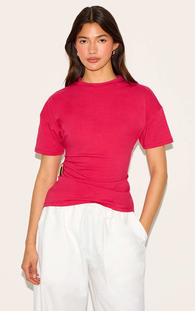 Red Trim Detail Asymmetric Hem T Shirt image 4