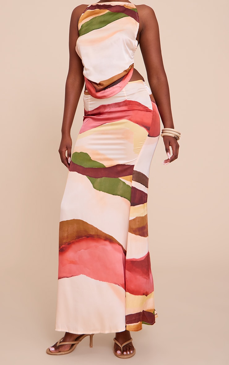 Multi Abstract Print Satin Floaty Maxi Skirt image 2