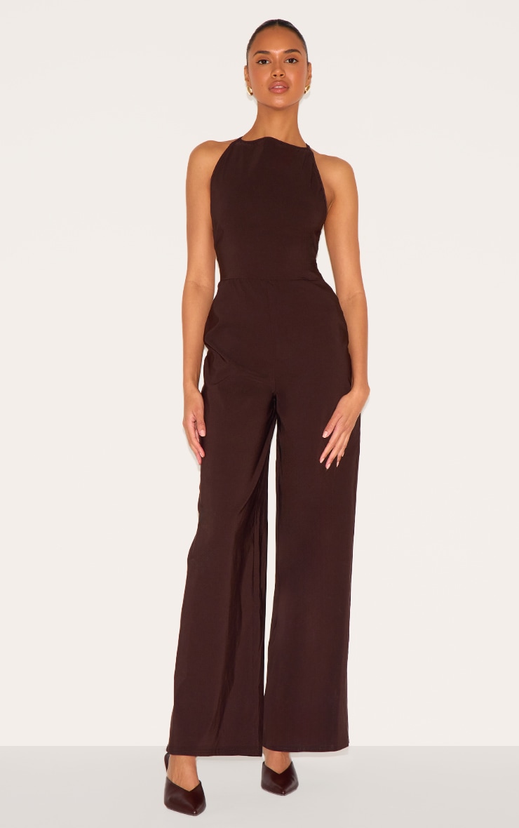 Dark Chocolate Stretch Woven Square Neck Wide Leg Jumpsuit image 1