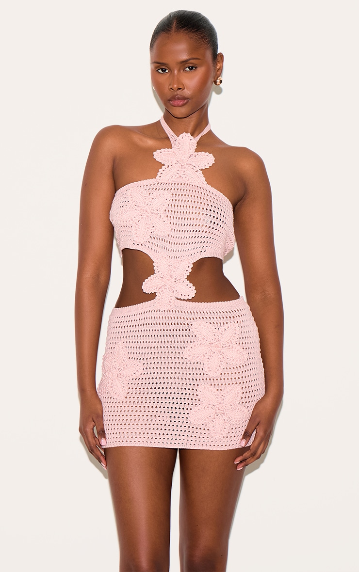 Dusty Pink Crochet Applique Flower Cut Out Mini Dress image 1