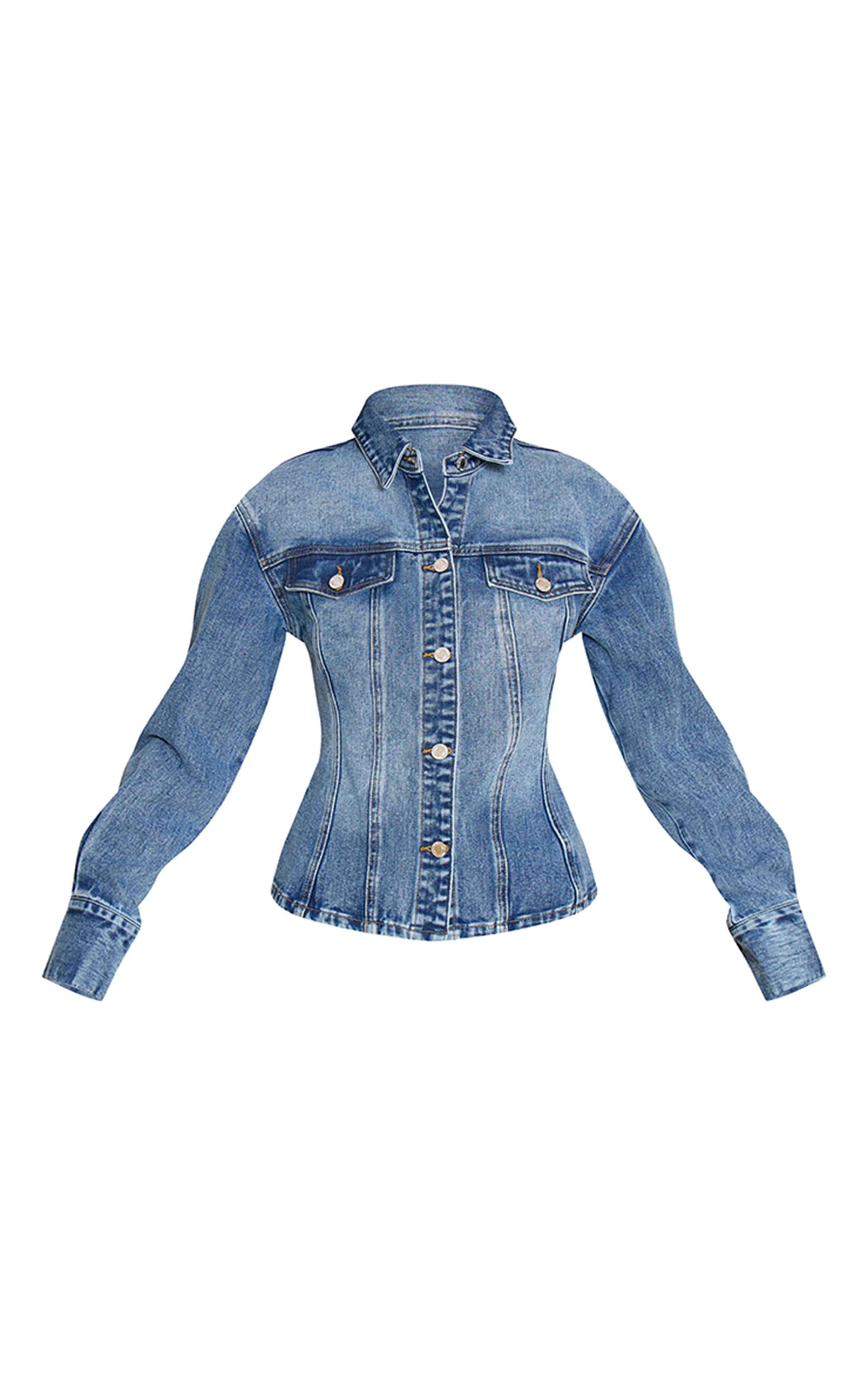 Veste en jean bleu moyen délavé à manches longues et taille cintrée image 5