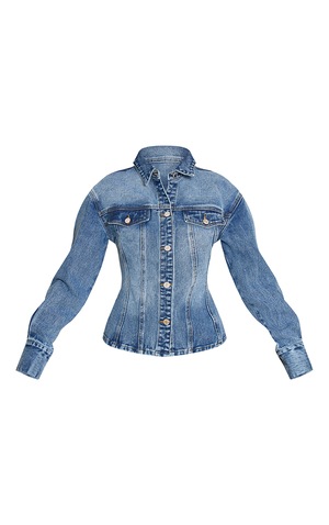 Mid Blue Wash Long Sleeve Cinch Waist Denim Jacket Denim PLT