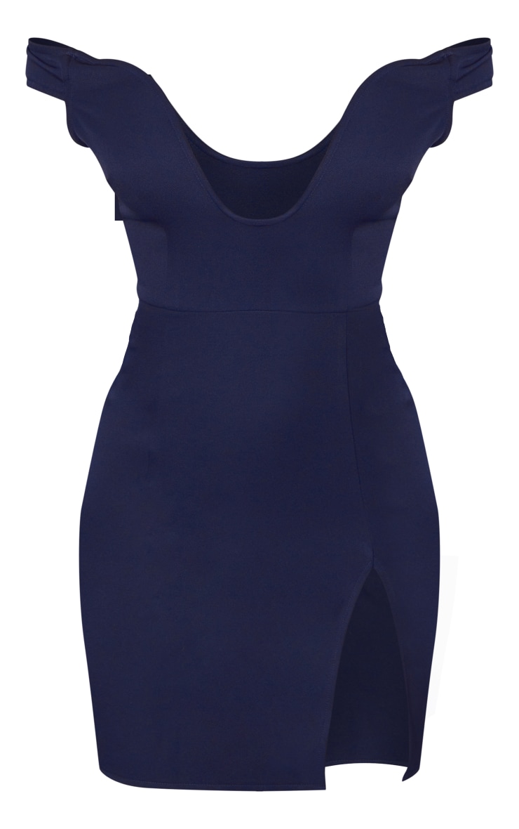 Navy Woven Extreme V Bar Bardot Bodycon Dress image 5