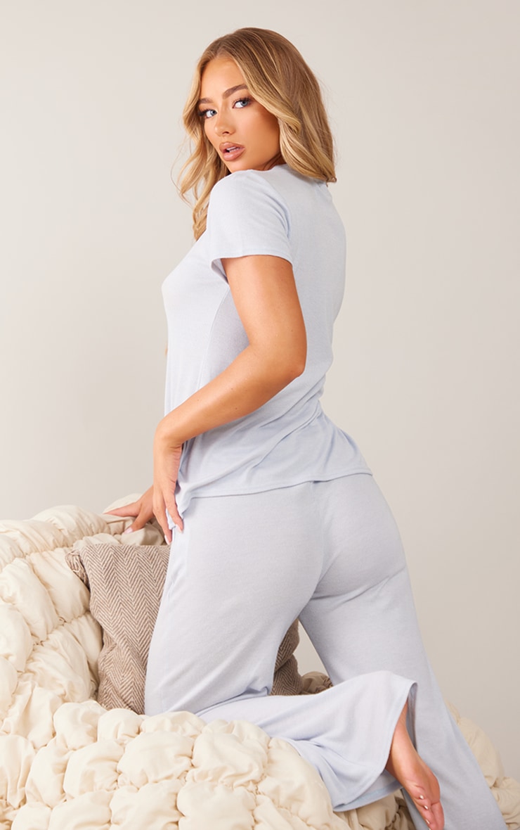 Light Blue Button Front Rib Short Sleeve Top And Pants image 2