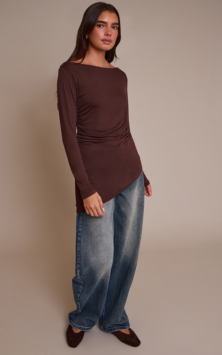 Chocolate Asymmetric Hem Detail Long Sleeve Top  image 3