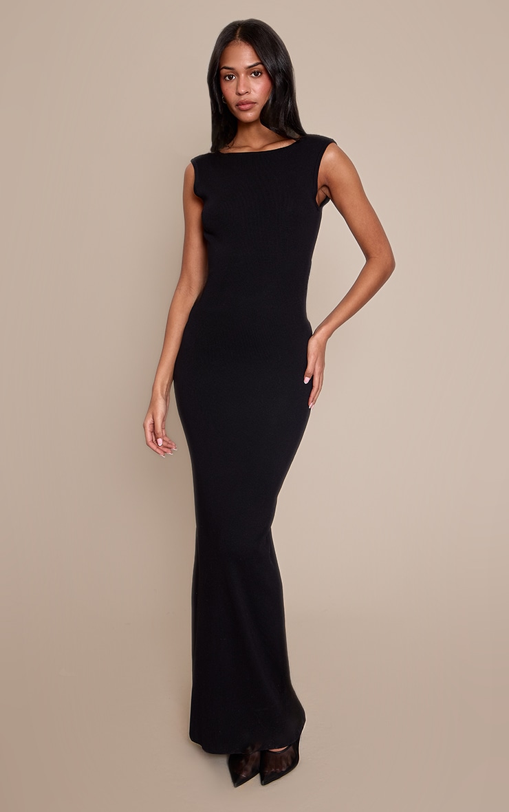 Tall Black Boatneck Sheer Knit Backless Detail Maxi Dress