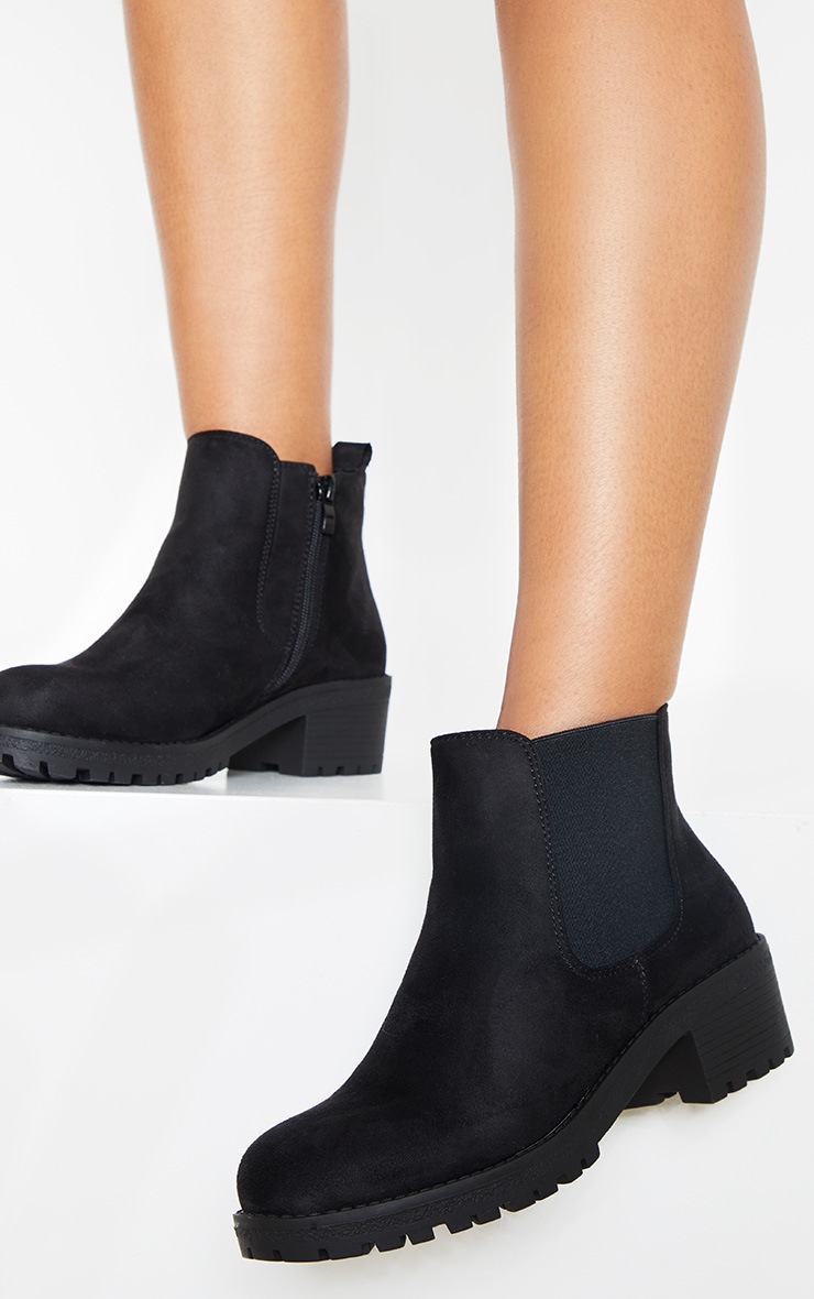 Black Faux Suede Low Heel Cleated Chelsea Ankle Boot