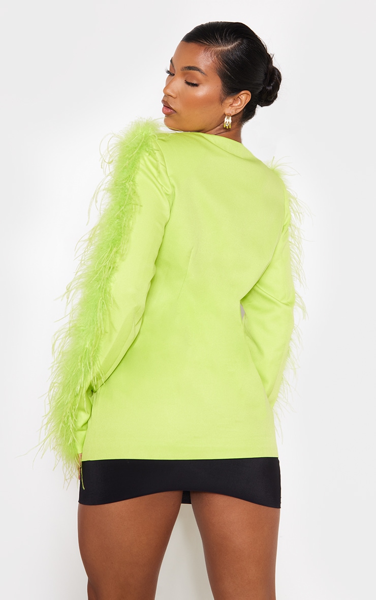 Lime Faux Feather Trim Collarless Double Breasted Blazer image 2