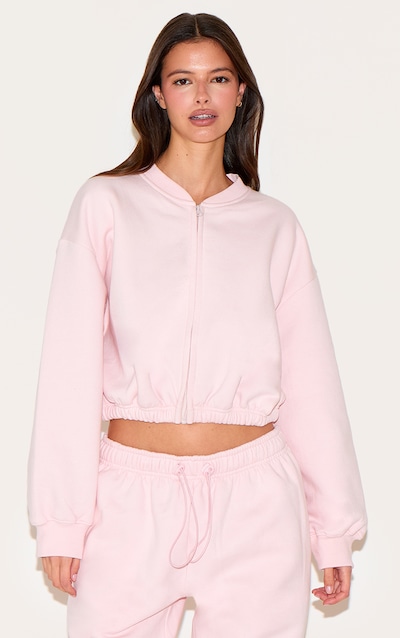 Baby Pink Drawcord Waist Cropped Zip Up Sweatshirt