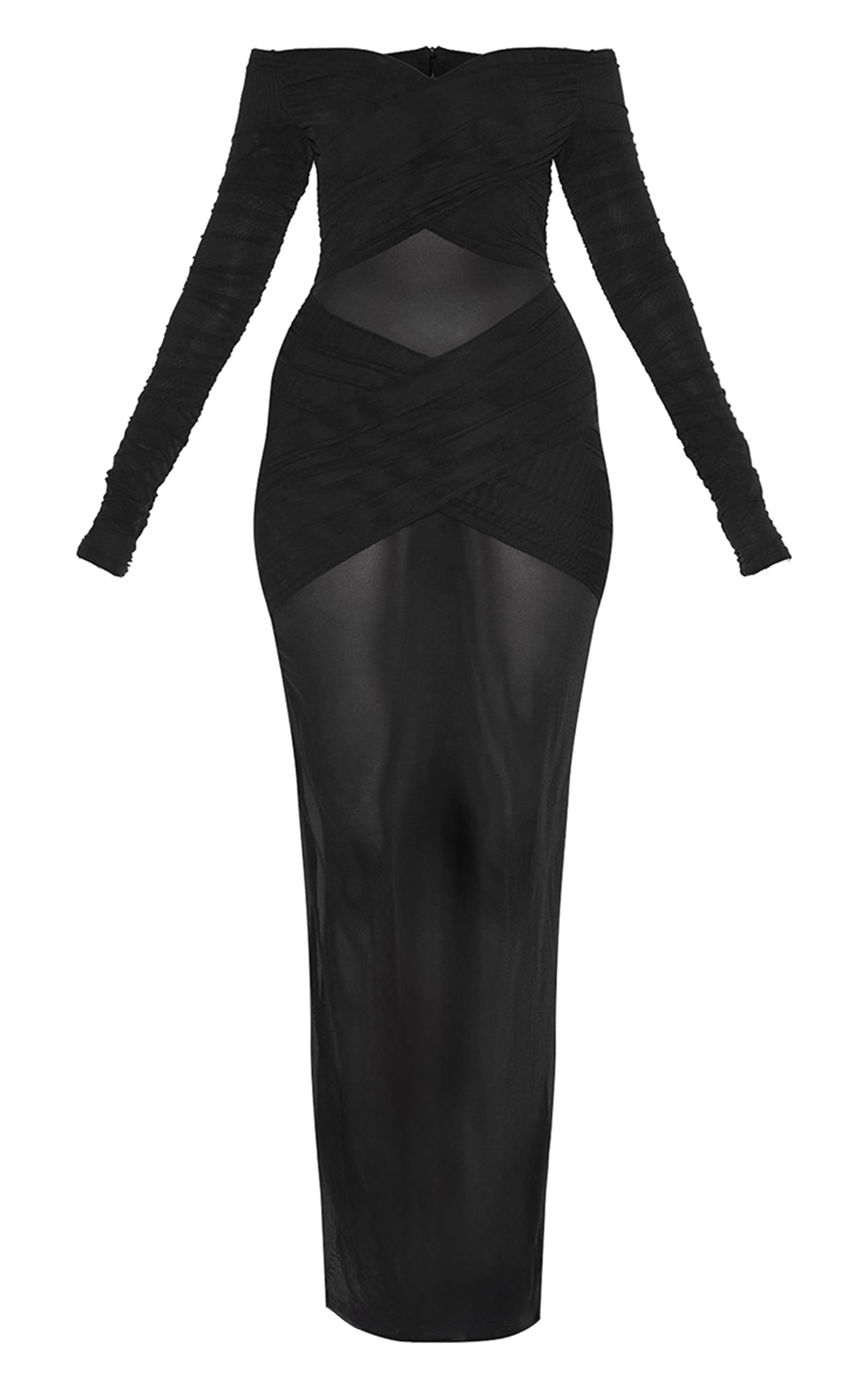 Black Bandage Mesh Bardot Layered Ruched Maxi Dress image 5
