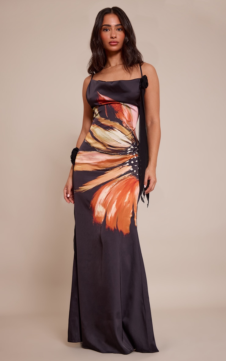 Petite Printed Satin Floral Drape Cowl Neck Maxi Dress image 1