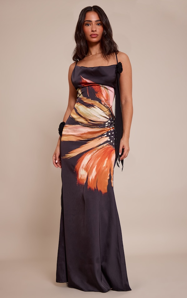 Petite Printed Satin Floral Drape Cowl Neck Maxi Dress