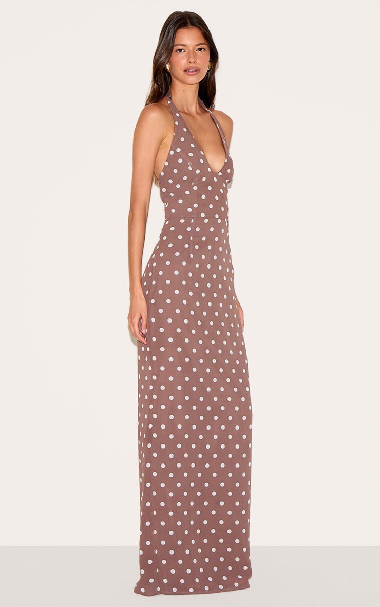 Chocolate Chiffon Polka Dot Printed Plunge Neck Maxi Dress image 3