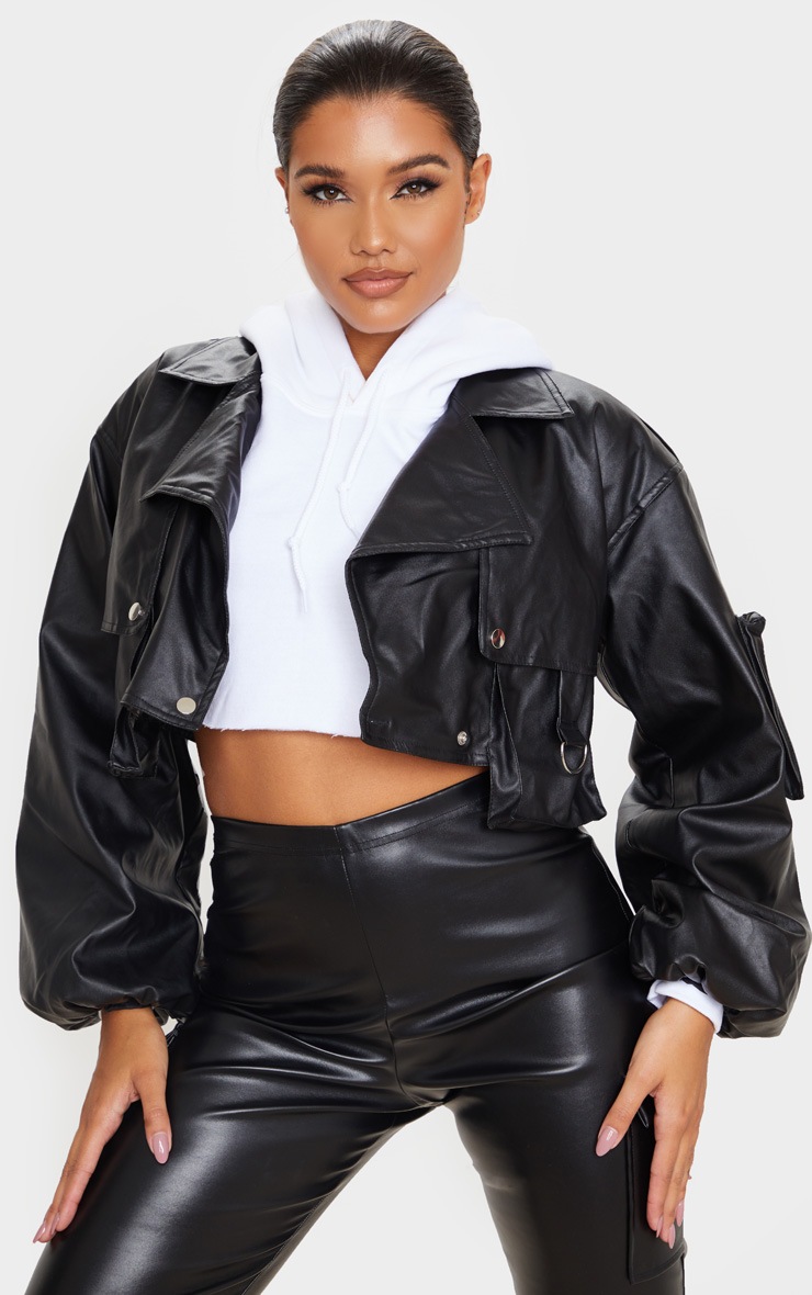Veste courte en similicuir noir style biker