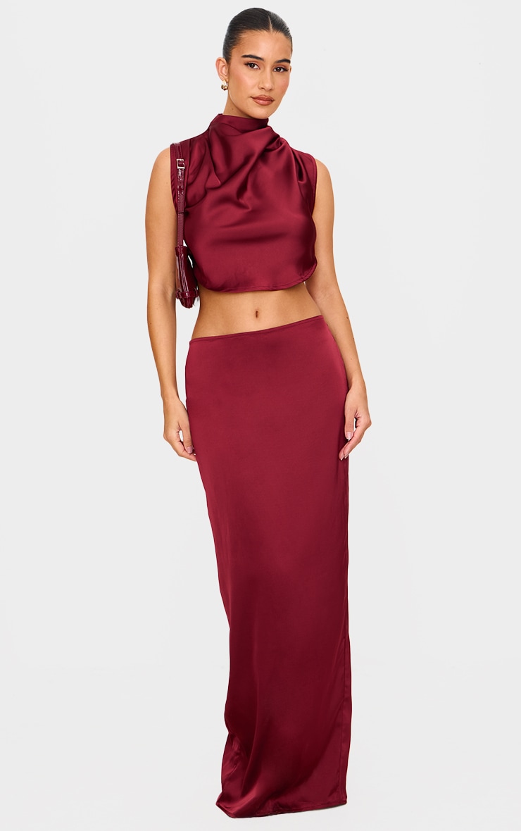 Burgundy Satin High Neck Tie Back Crop Top image 3