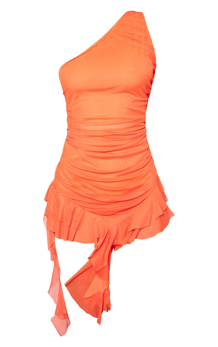 Orange Mesh One Shoulder Draped Frill Detail Bodycon Dress image 5