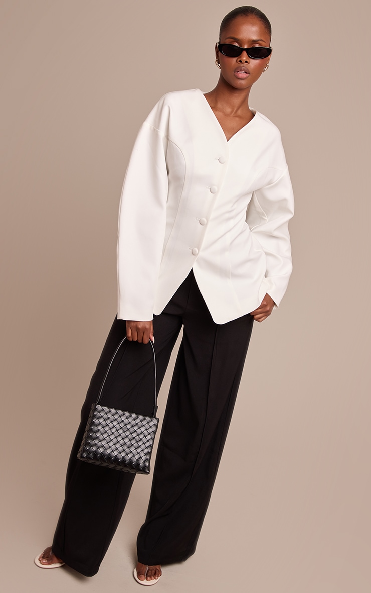 Cream Collarless Fabric Covered Button Blazer image 3
