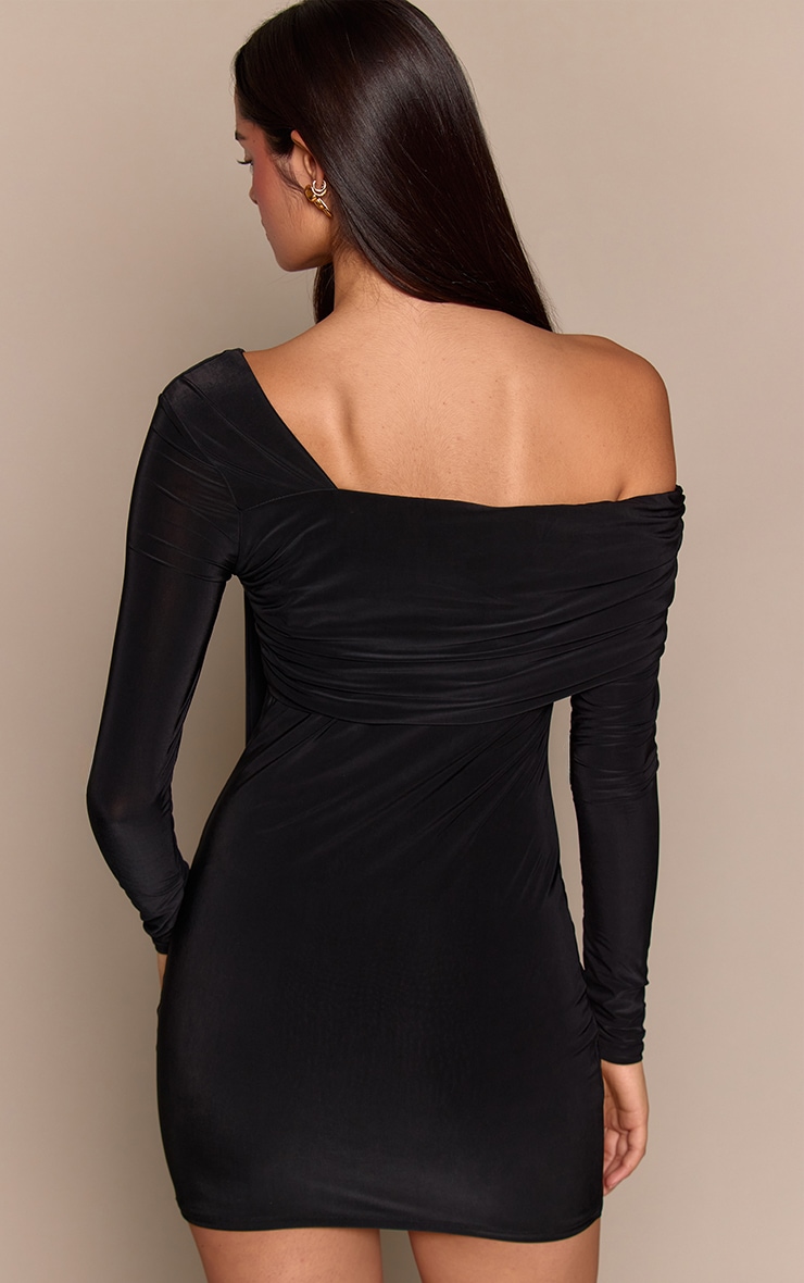 Black Double Layer Slinky Asymmetric Knot Detail Mini Dress image 2