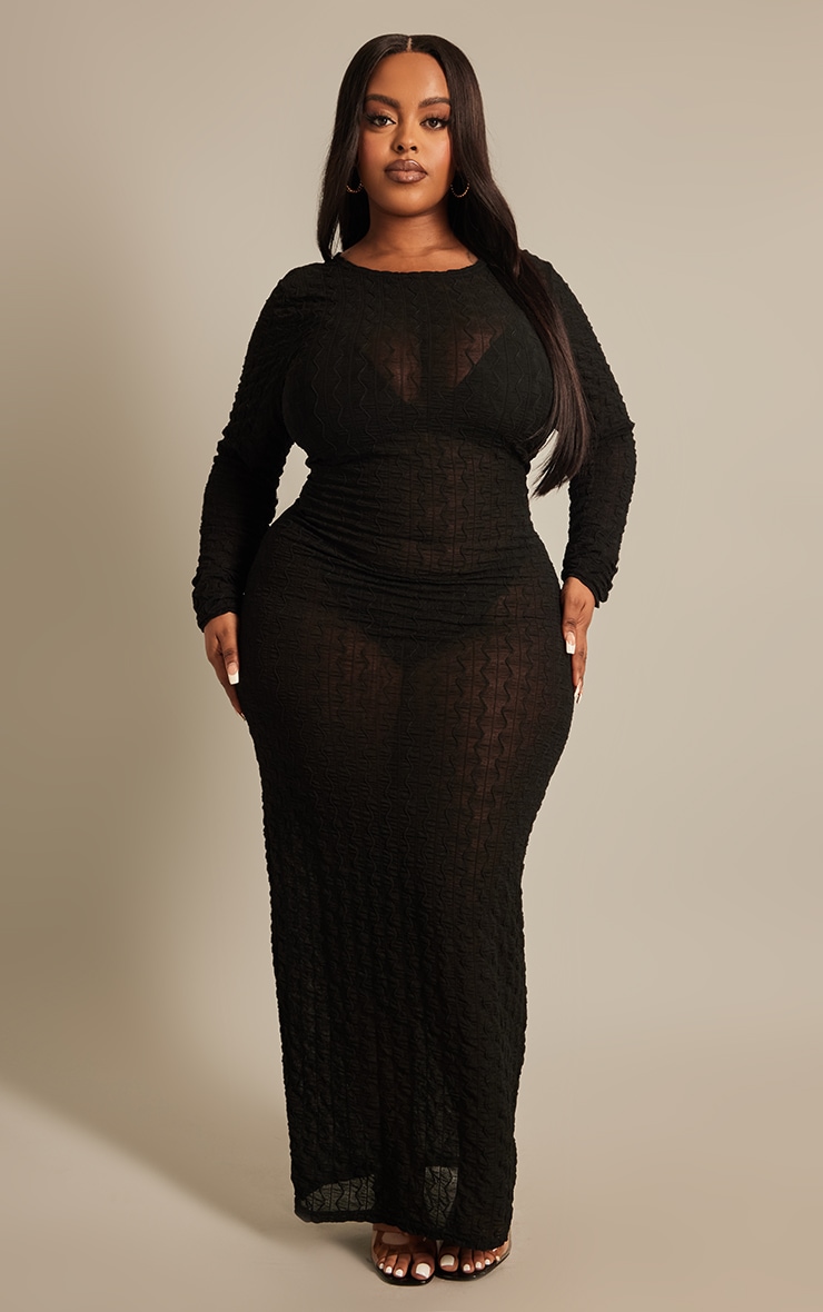 Plus Black Textured Detail Mesh Long Sleeve Maxi Dress