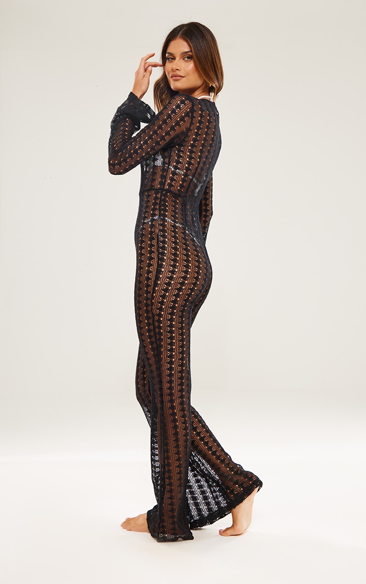 Black Crochet Plunge Beach Jumpsuit image 2