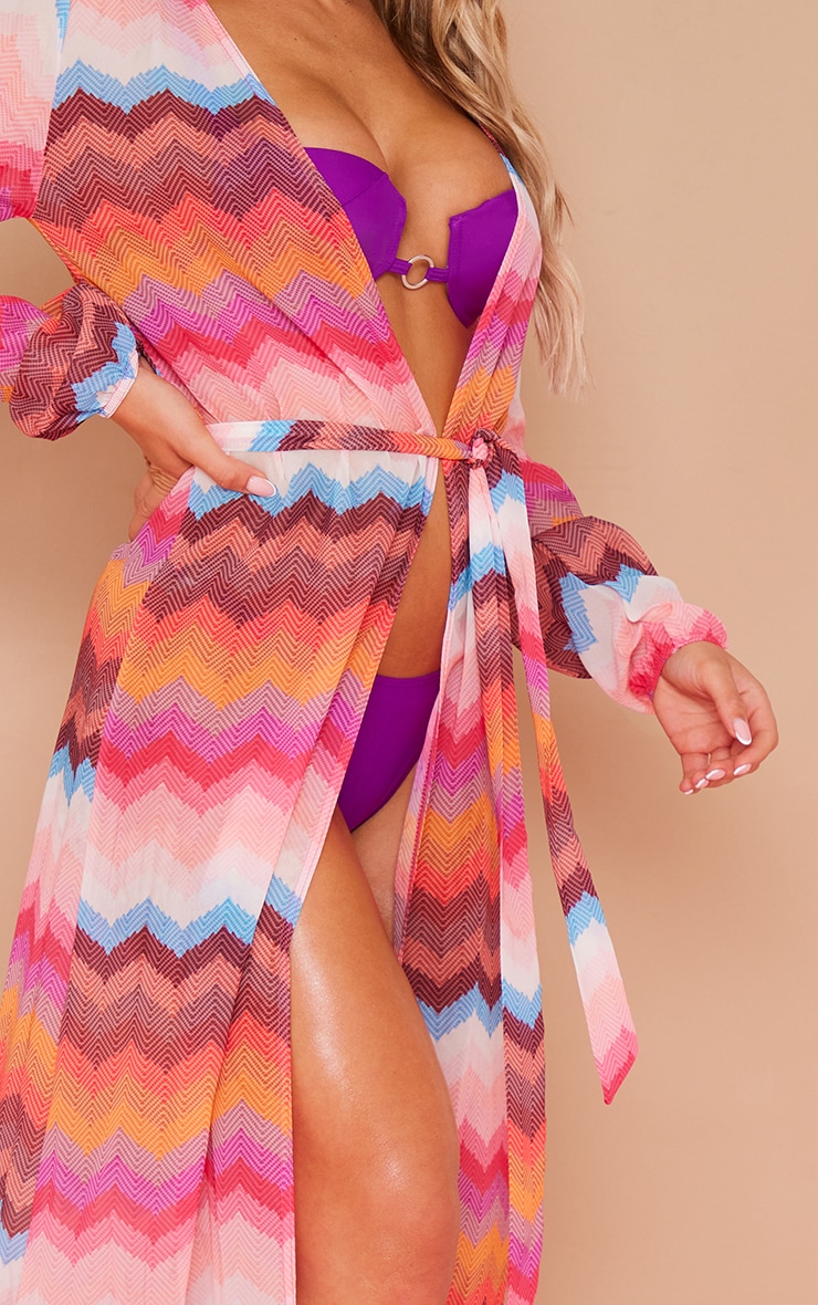 Multi Wave Print Tie Waist Beach Kimono image 4