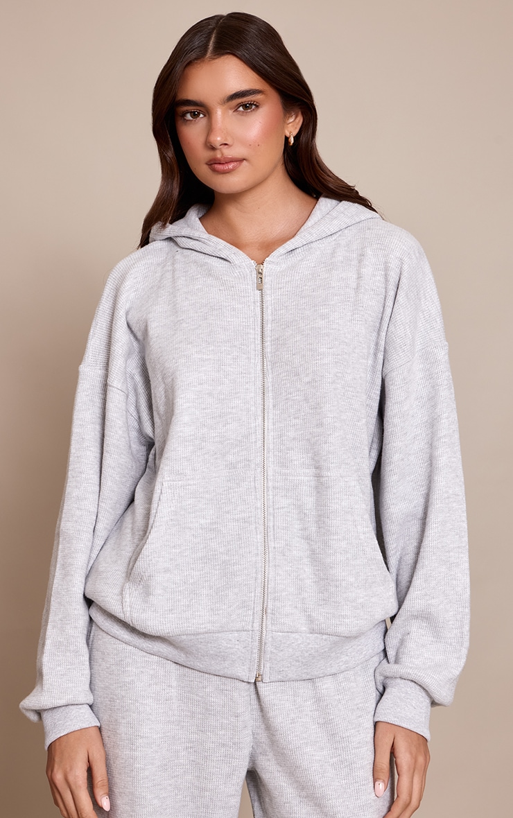 Ash Grey Ribbed Zip Up Waffle Pajama Hoodie