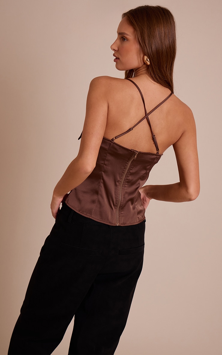Chocolate Satin Fold Over Detail Strappy Long Top image 2