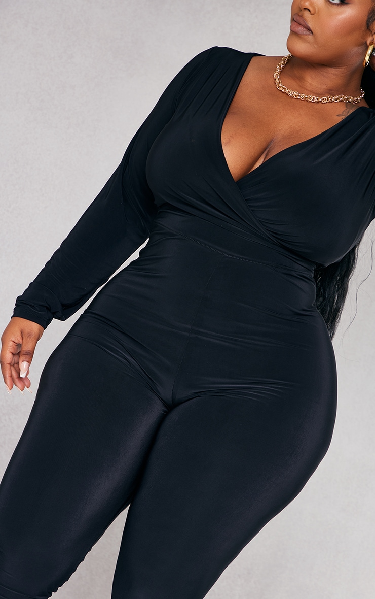 Plus Black Wrap Front Long Sleeve Catsuit image 4