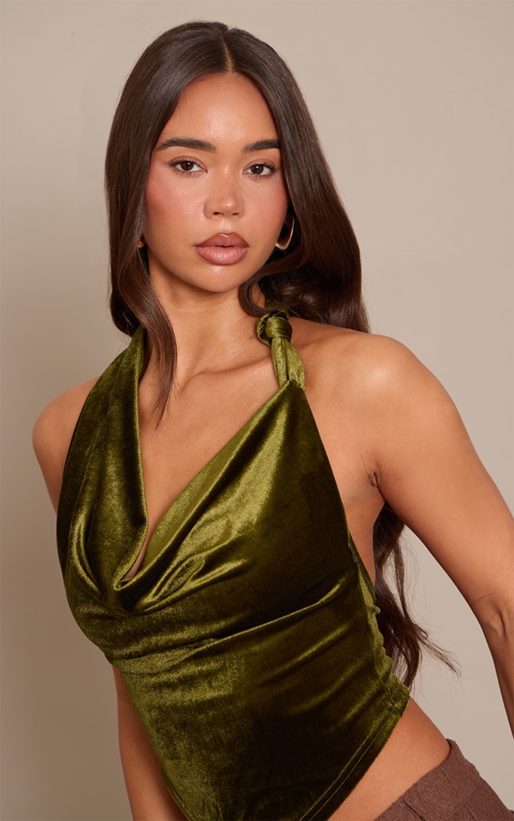 Olive Velvet Cowl Neck Long Top image 4