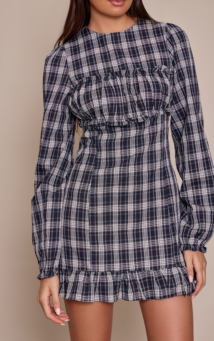 Navy Check Ruched Bust Long Sleeve Shift Dress image 4