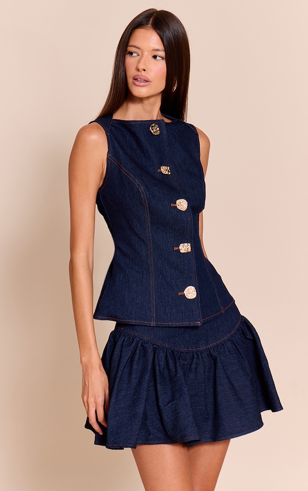 Indigo Blue Chambray Denim Pleated Mini Skirt