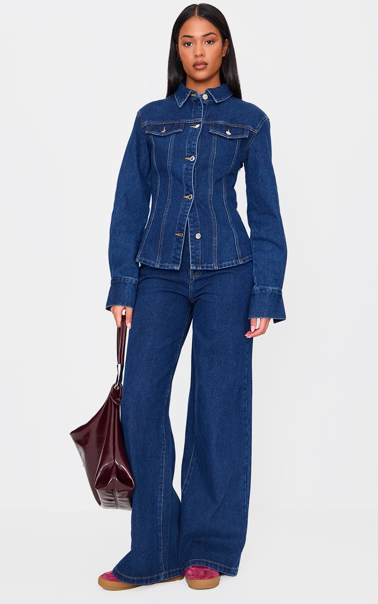 Tall Dark Indigo Long Sleeve Fitted Denim Shirt image 3